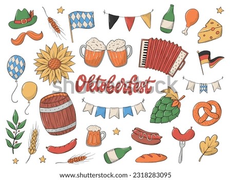 Set of Oktoberfest doodles, cartoon elements for stickers, prints, icons, clip art, cards decor, sublimation, labels, tags, etc. EPS 10