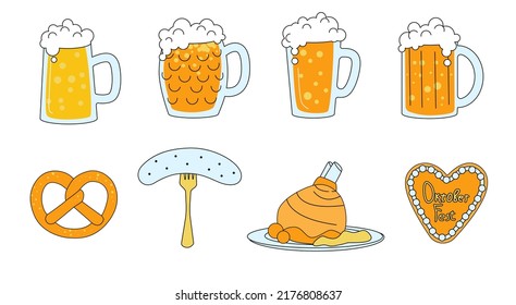 Set of Oktoberfest Elements.  Beer mugs, sausages, pretzels, roast pork leg. Isolated on white background.