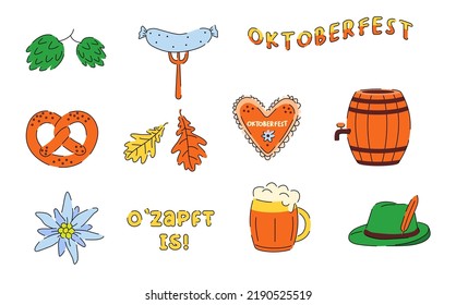 Conjunto de elementos del Oktoberfest. Cervezas, salchichas, pretzels, barril. y saltar aislado sobre fondo blanco. Elementos de la cultura bávara.