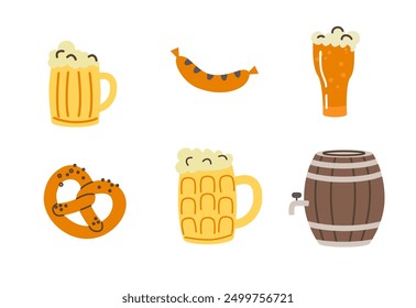 Set of Oktoberfest elements. Beer, sausages, pretzels, barrels, hops isolated on a white background. Bavarian cultural elements.