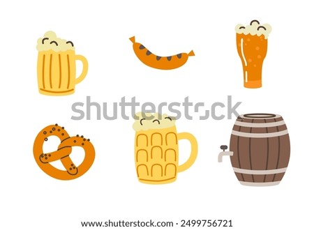 Set of Oktoberfest elements. Beer, sausages, pretzels, barrels, hops isolated on a white background. Bavarian cultural elements.