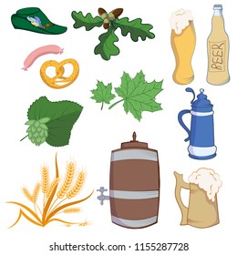 Set of Oktoberfest elements in cartoon style. Tyrolean hat, oak, leaf, acorn, beer, mug, barrel, barley