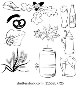 Set of Oktoberfest elements in line art style. Tyrolean hat, oak, leaf, acorn, beer, mug, barrel, barley