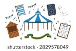 Set of Oktoberfest festival elements including a tent, flag, speaker, and calendar, perfect for event promotions.