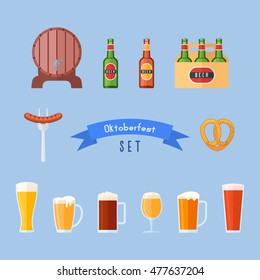 Set of Oktoberfest flat icons. Beer glasses, bottles, barrel, sausage and pretzel. Beer festival design. Vector illustration.