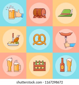 Set of Oktoberfest flat line icons. Beer festival elements. Vector illustration.