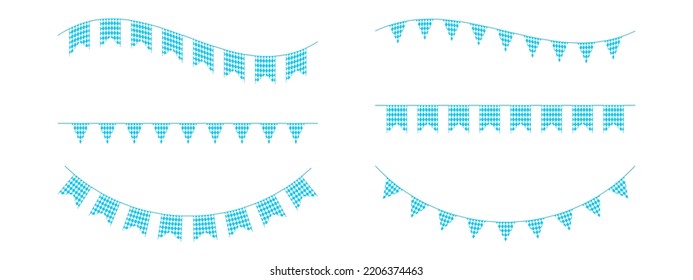 Set of Oktoberfest garlands with pennants in Bavarian blue and white colors. Bunting for traditional German beer festival party with rhombus pattern for banner, card, poster. Vector flat illustration