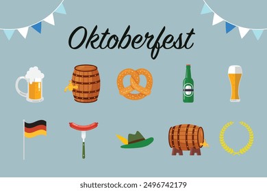 Set of Oktoberfest German festival in cartoon style. traditions and culture items of Germany. flag, beer in barrel, sausage on a fork, pretzel. Vector illustration.