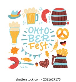 Set of Oktoberfest hand drawn elements. Lettering Phrase inside square frame. Text in border of beer mug, pretzel, sausage, Bavarian flag garland. Beer festival greeting card template.