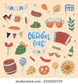 Set of Oktoberfest hand drawn stickers with white edge. Doodles, cartoon elements for prints, sublimation, holiday decor, icons, cards, etc. EPS 10