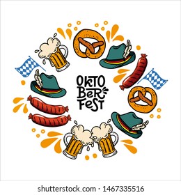 Set Oktoberfest hand drawn vector lettering. Phrase inside round frame drawing. inspirational inscription in  Border, beer mug, pretzel, sausage, Bavarian flag. Beer festival greeting card template.