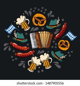 Set Oktoberfest hand drawn vector lettering. Phrase inside round frame drawing. inspirational inscription in  Border, beer mug, pretzel, sausage, accordion, Bavarian flag. Beer festival card template.