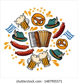 Set Oktoberfest hand drawn vector lettering. Phrase inside round frame drawing. inspirational inscription in  Border, beer mug, pretzel, sausage, accordion, Bavarian flag. Beer festival card template.