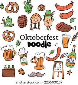 Set Oktoberfest hand drawn vector  beer mug, pretzel, sausage, Bavarian. Beer festival