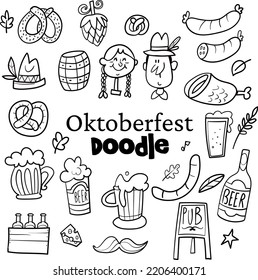 Set Oktoberfest hand drawn vector  beer mug, pretzel, sausage, Bavarian. Beer festival