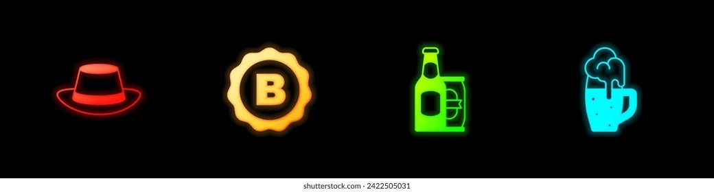 Set Oktoberfest hat, Bottle cap with beer, Beer bottle and can and Glass of icon. Vector