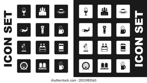 Set Oktoberfest hat, Bottle opener, Dried fish, Glass of beer, Wooden mug, Pack bottles, Metal keg and Beer tap icon. Vector