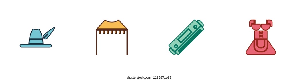 Set Oktoberfest hat, Camping tent, Harmonica and Costume for women dirndl icon. Vector