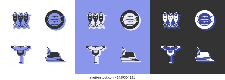 Set Oktoberfest hat, Dried fish, Sausage on the fork and  icon. Vector