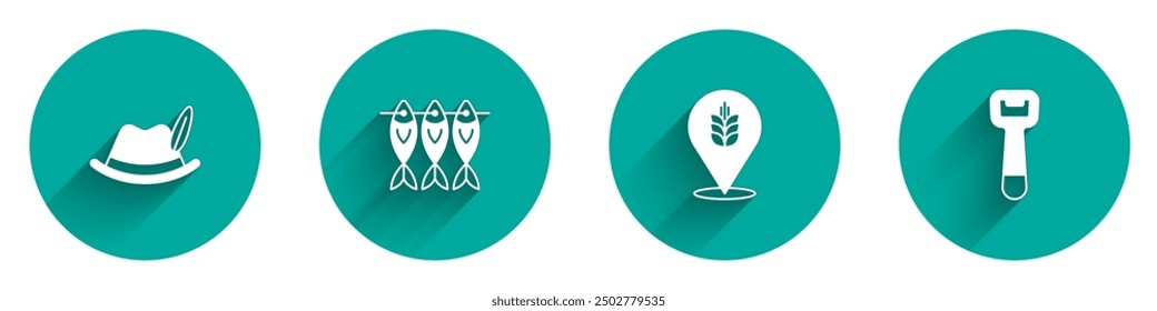 Set Oktoberfest hat, Dried fish, Wheat and Bottle opener icon with long shadow. Vector