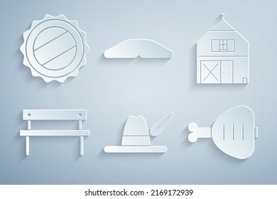 Set Oktoberfest hat, Farm House, Bench, Chicken leg, Homemade pie and Bottle cap icon. Vector