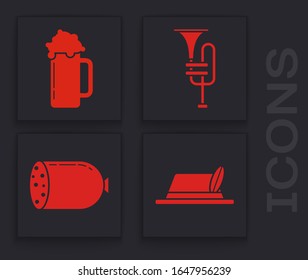 Set Oktoberfest hat, Glass of beer, Musical instrument trumpet and Salami sausage icon. Vector