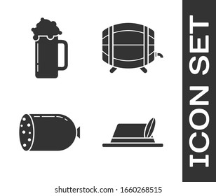 Set Oktoberfest hat, Glass of beer, Salami sausage and Wooden barrel on rack with stopcock icon. Vector