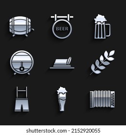 Set Oktoberfest hat, Glass of beer, Musical instrument accordion, Cereals set with rice, wheat, corn, oats, rye, barley, Lederhosen, Wooden barrel rack stopcock, mug and  icon. Vector