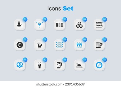 Set Oktoberfest hat, Glass of beer, Sausage on the fork, Pretzel, Dried fish, Wooden mug, Beer tap and  icon. Vector