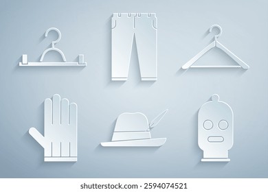 Set Oktoberfest hat, Hanger wardrobe, Leather glove, Balaclava, Pants and  icon. Vector