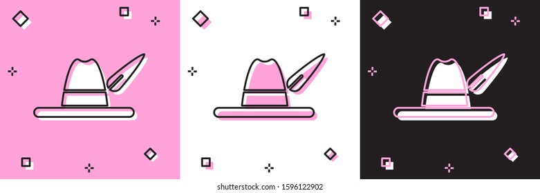 Set Oktoberfest hat icon isolated on pink and white, black background. Hunter hat with feather. German hat.  Vector Illustration