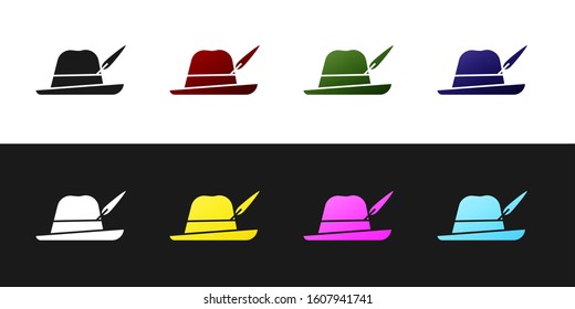 Set Oktoberfest hat icon isolated on black and white background. Hunter hat with feather. German hat.  Vector Illustration