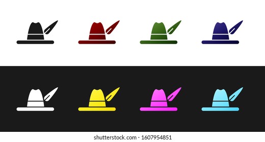 Set Oktoberfest hat icon isolated on black and white background. Hunter hat with feather. German hat.  Vector Illustration