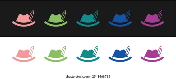 Set Oktoberfest hat icon isolated on black and white background. Hunter hat with feather. German hat.  Vector