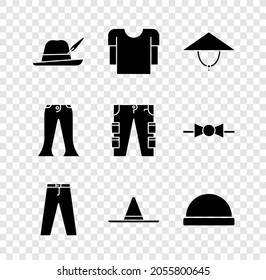 Set Oktoberfest hat, Long sleeve shirt, Asian conical, Pants, Gardener worker, Beanie,  and Cargo pants icon. Vector