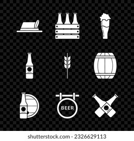 Set Oktoberfest hat, Pack of beer bottles, Glass, Beer and wooden barrel, Street signboard with inscription, Crossed,  and Cereals set rice, wheat, corn, oats, rye, barley icon. Vector