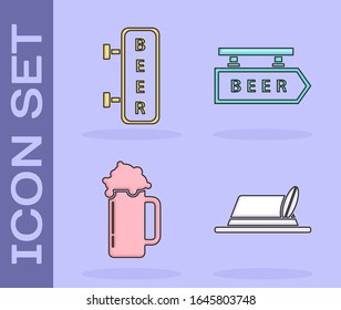 Set Oktoberfest hat, Street signboard with inscription Beer, Glass of beer and Street signboard with inscription Beer icon. Vector