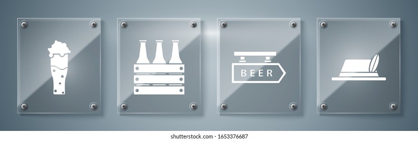 Set Oktoberfest hat, Street signboard with inscription Beer, Pack of beer bottles and Glass of beer. Square glass panels. Vector