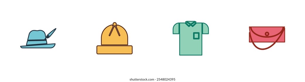 Set Oktoberfest hat, Winter, Polo shirt and Clutch bag icon. Vector