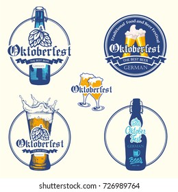 Set with oktoberfest icon. Drink menu. Vector illustration with beer bottle in sketch style for pub. Alcoholic festival beverages on blue background.