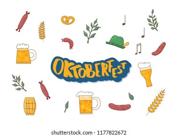 Set of Oktoberfest items with lettering. Handwritten text with holiday pack. Vector illustration.