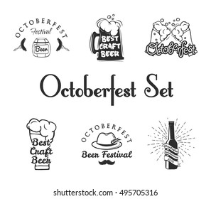 Set of Oktoberfest Labels - Beer Barrel, Beer Mug, Carausius Glasses, a Glass Foam, a German Hat, a Moustache, a Beer Bottle with Ribbon. Blanks For Badges. Vector Illustration