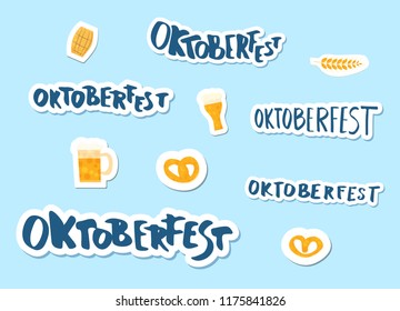 Set of Oktoberfest lettering and things stickers.  Handwritten text with decoration. Vector illustration.