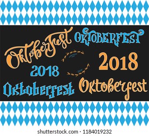 Set of Oktoberfest logotypes. Beer Festival vector banner. Illustration of Bavarian festival design on textured background. Blue, white, orange lettering typography for logo, poster, card, postcard