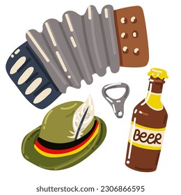 Set for Oktoberfest, the national holiday of German beer. Vector illustration of a carnival hat, beer bottle, bottle opener, accordion accordion. Printing stickers for the festival.