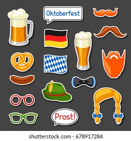 Set of Oktoberfest photo booth stickers. Accessories for festival and party.