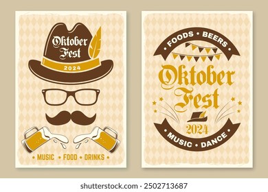 Conjunto de carteles retro Oktoberfest. Vector. Taza de cerveza con malta, sombrero tradicional alemán, gafas.