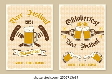 Conjunto de carteles retro Oktoberfest. Vector. Taza de cerveza con malta, sombrero tradicional alemán, salchicha frita, a la parrilla, pinchada en un tenedor.