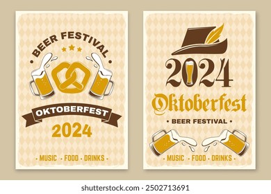 Set of Oktoberfest retro posters. Vector. Beer mug with malt, German traditional hat, fried sausage, grilled, skewered on a fork.