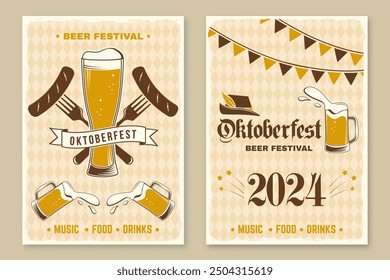 Set of Oktoberfest retro posters. Vector. Beer mug with malt, German traditional hat, fried sausage, grilled, pennant, skewered on a fork.